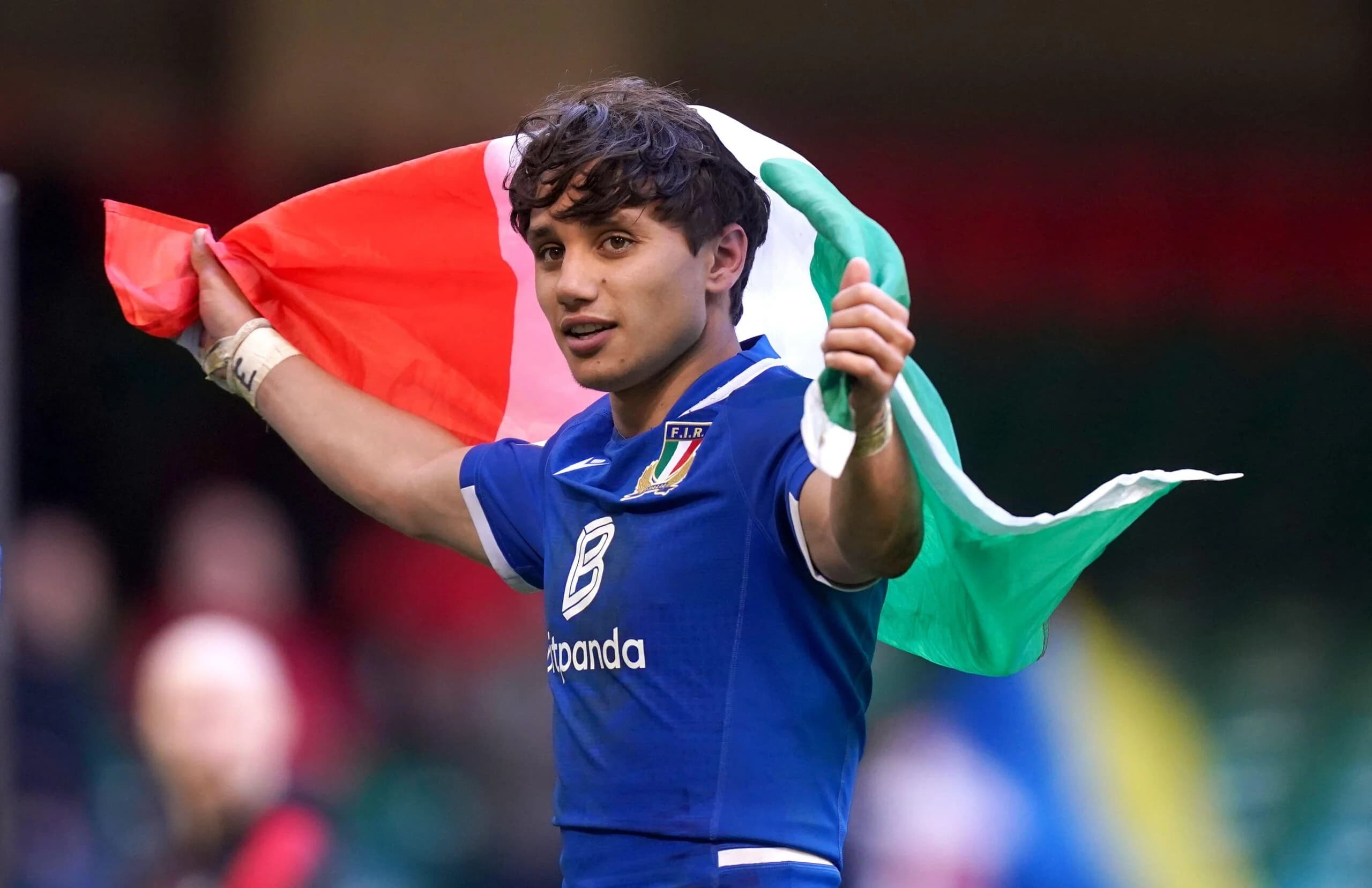  Italy&#8217;s Ange Capuozzo celebrates after the victory in Cardiff in 2022. Pic: Alamy
