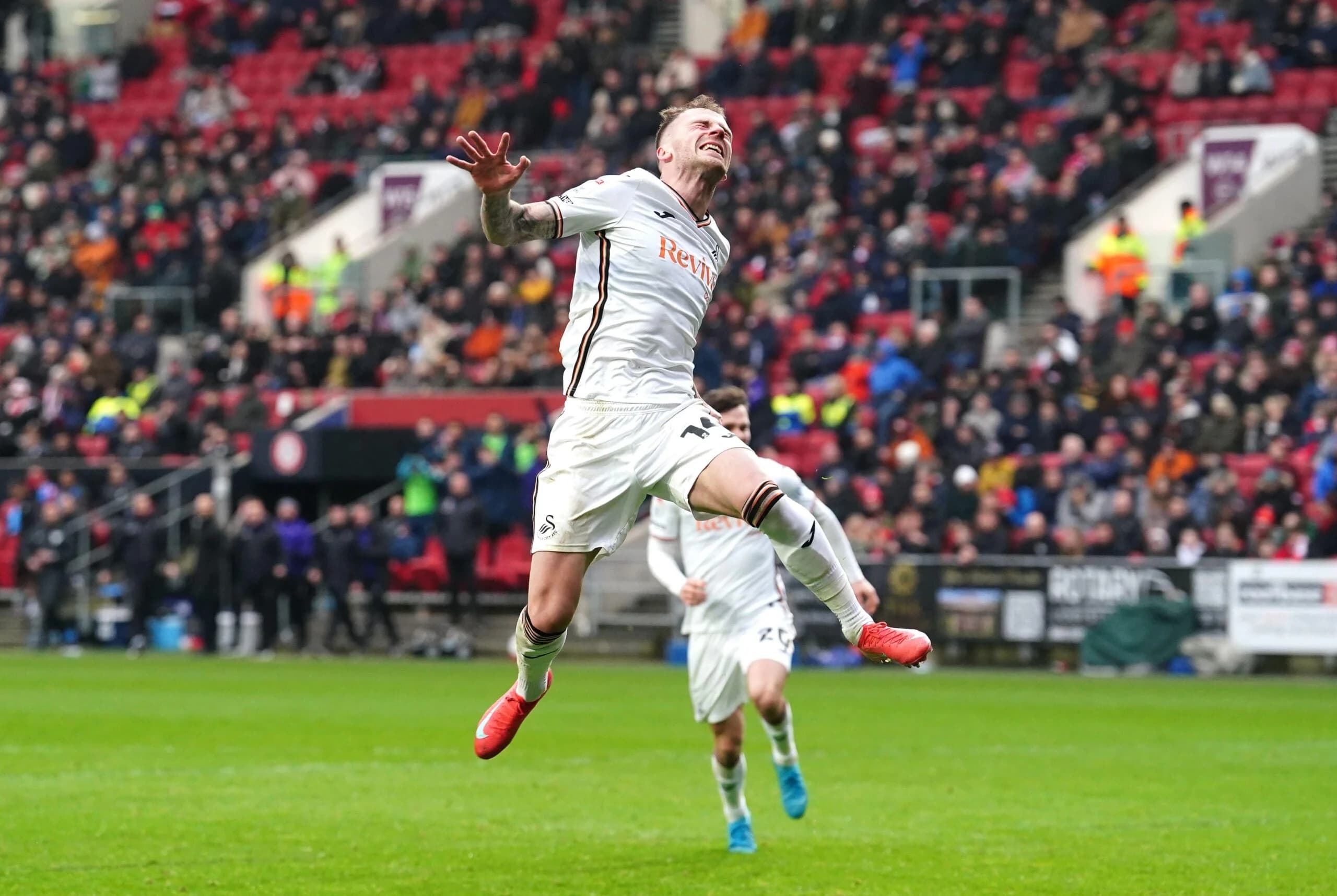 Swansea City&#8217;s Josh Tymon celebrates scoring. Pic: Alamy
