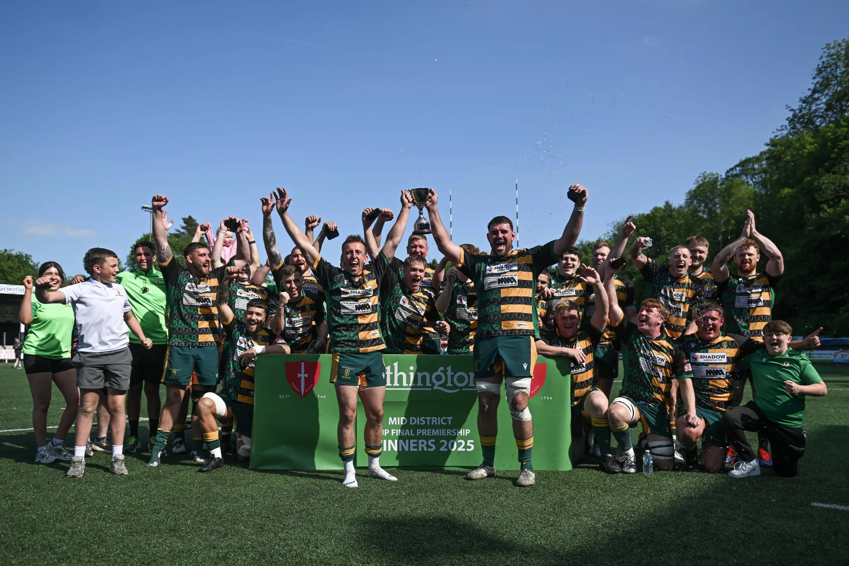 Merthyr celebrate winning the Worthington’s Mid District Premiership Cup. Pics:  Mike Jones/Replay Images