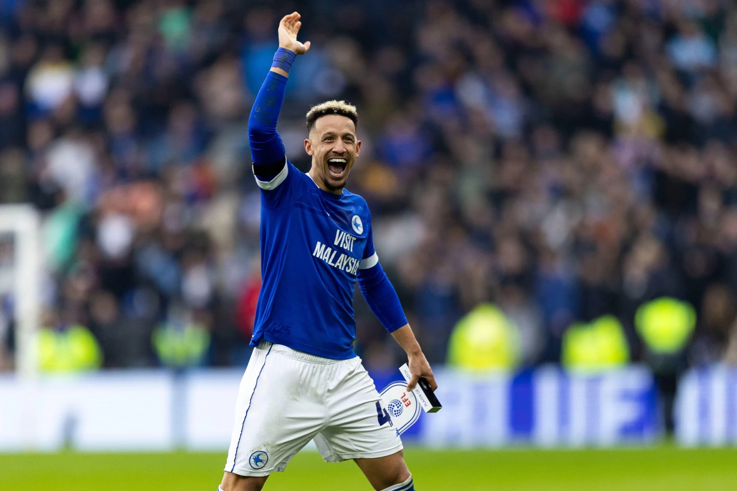 Callum Robinson of Cardiff City celebrates at full time. Pic: Andrew Orchard sports photography/Alamy Live News
